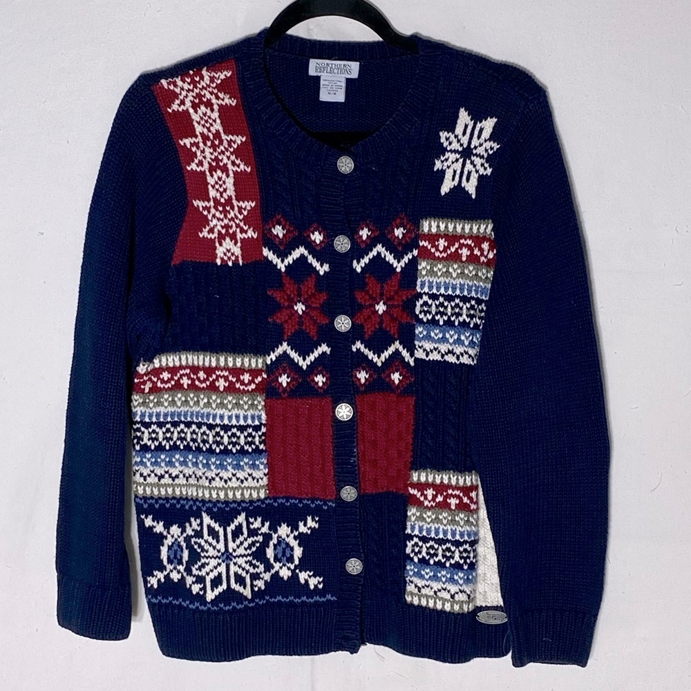 Vintage Northern Reflections Jacquard Multi Print Button Up Knit Cardigan M